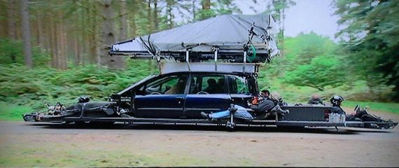 The Fiat Multipla-based rig used for “Children of Men” (2006). Drivers in the front and rear, along with crew, while the camera-rig and-crew are in the tent replacing the roof. All seats folded flat with a button to let the camera pass through the interior