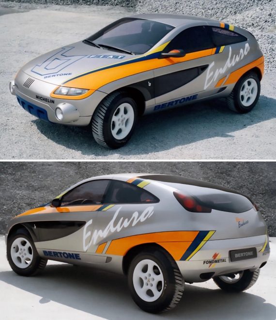 The 1996 Fiat Enduro Raid Concept by Bertone was a bold off-road coupé based on the Fiat Bravo/Brava, aiming to blend sports car styling with 4WD utility. With high ground clearance, a 147 hp 2.0L engine, and a compact, aerodynamic body, it broke from traditional road coupé norms.