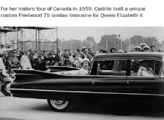 Partially-roofless 1959 Cadillac Fleetwood 75 limousine modified for Queen Elizabeth II’s 1959 visit to Canada.