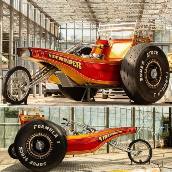 1975 Sidewinder – A custom V8 powered trike designed by George Barris. Rear wheels are from a Douglas DC-6 Airliner.