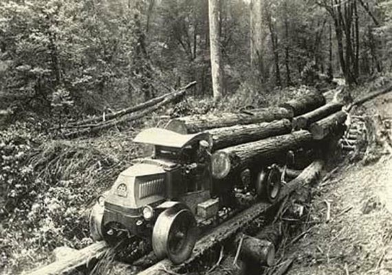 1917 AC Mack Bulldog with special wheels to allow it to run on log rails through the forest.