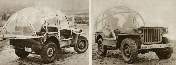 1945 Winter Jeep – A Willys MB fitted with a plastic enclosure offering wipers, a spotlight and defroster